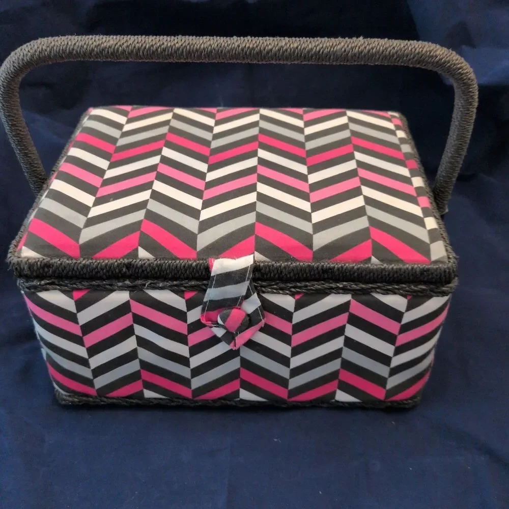 Caboodles Fabric Sewing Basket Case Pink Black Chevron Organiser Vintage Style